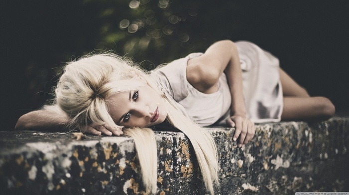 blonde, girl, girl outdoors, white dress