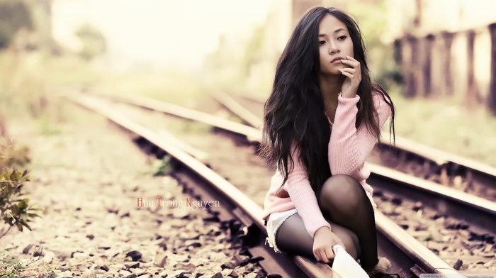 brunette, Huu Trong Nguyen, girl, girl outdoors, railway
