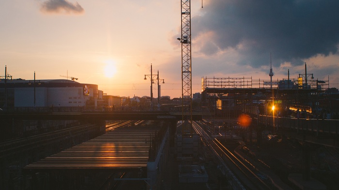 sunset, railway, cityscape, sunlight