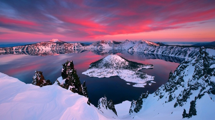 mountain, snow, lake, sky