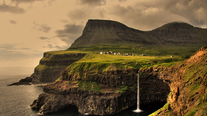 sky, sea, ocean, waterfall, nature, clouds