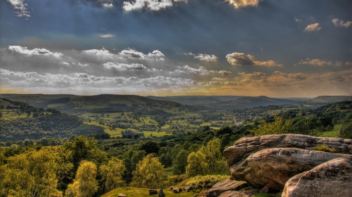 hill, rock, clouds, landscape, sun rays