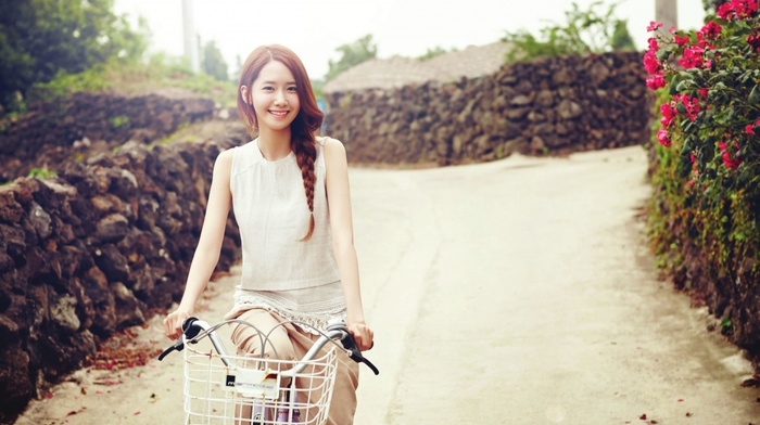 girl, model, bicycle, road