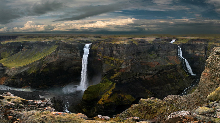 beauty, nature, waterfall, sky, mountain