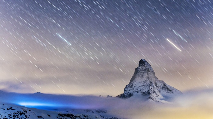 star trails, clouds, Matterhorn, landscape, Switzerland, mountain, rock, snow