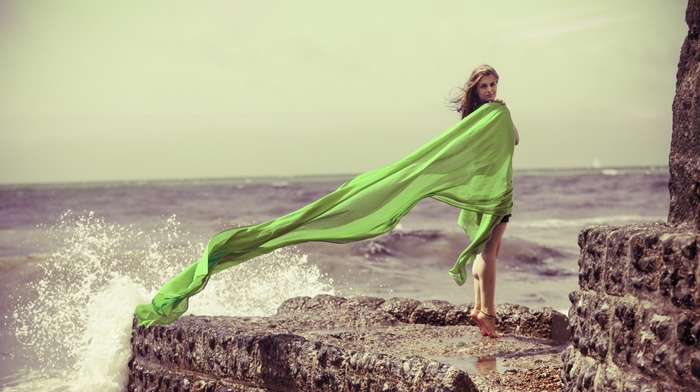 barefoot, girl, waves, cliff, windy, girl outdoors, fabric