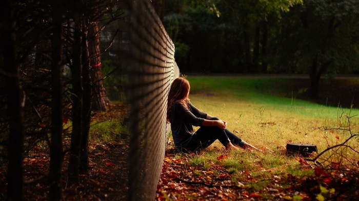 fence, girl, fall, sitting, chain, link, nature, trees