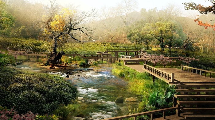 creek, beauty, bushes, bridge, greenery, trees, stunner