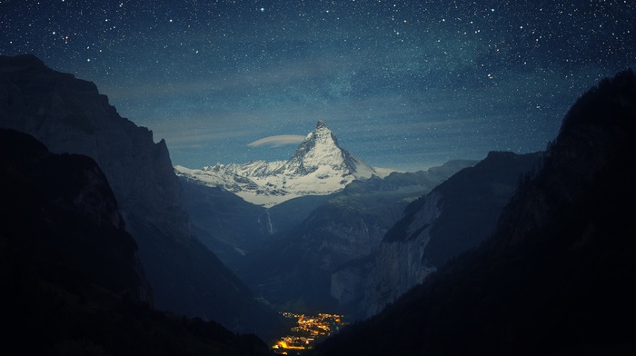 space, stars, mountain, town, Matterhorn, valley