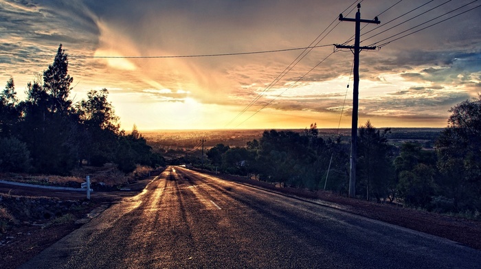 road, sunset, clouds, trees