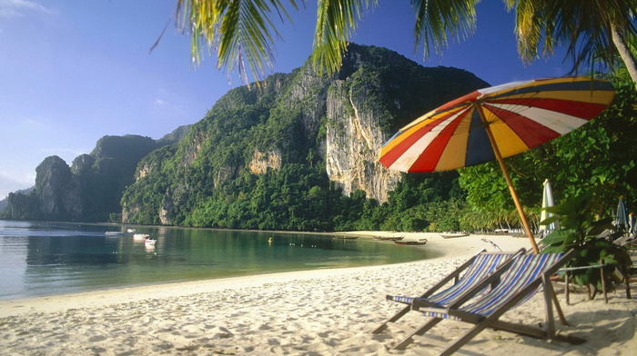 umbrella, beauty, nature, boat, beach, palm, rocks, greenery, sand, ocean