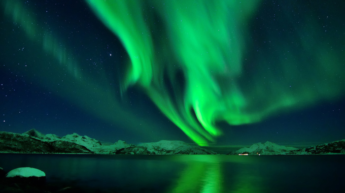 ocean, bay, stars, mountain, night, winter, nature