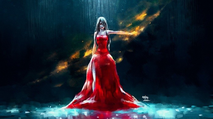 red dress, red eyes, artwork, NanFe