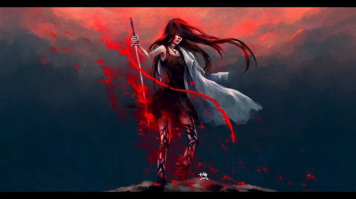 long hair, NanFe, blood, artwork, sword