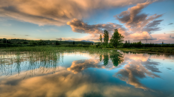 lake, sunset, nature