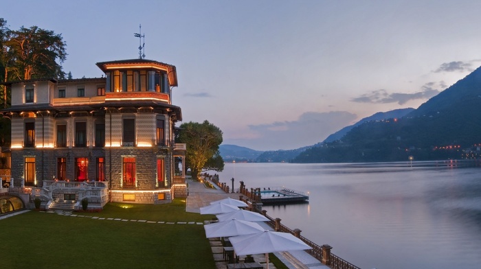 river, mountain, coast, evening, house, lights, beauty, sky