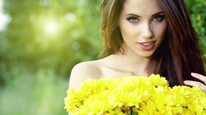 girl, smiling, nature, yellow, haired, people, background, model, sight, flowers