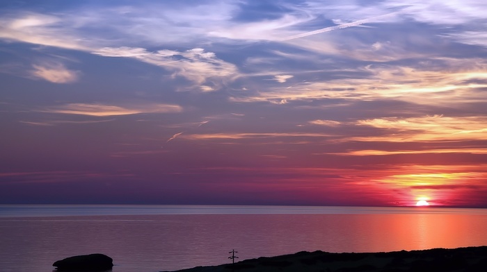 bay, Sun, nature, clouds, sunset