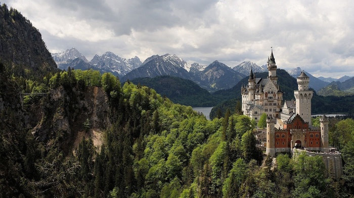 Germany, lake, forest, sky, stunner, mountain, beauty, clouds, rocks, castle, greenery