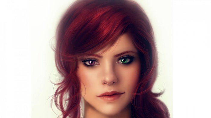 painting, girl, redhead, heterochromia