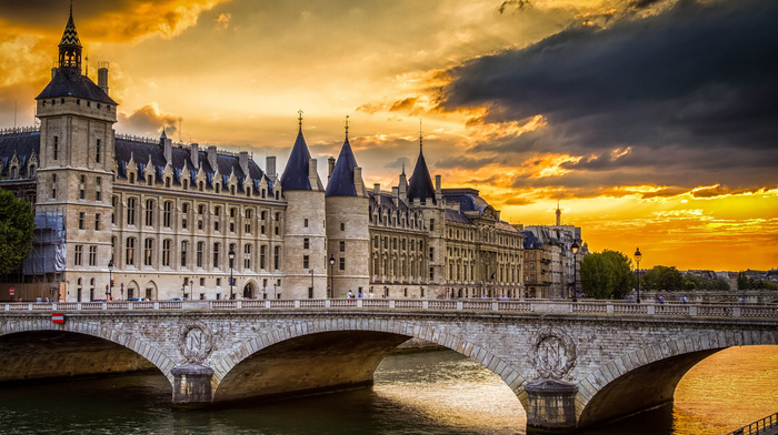 cities, sunset, France, bridge, river, clouds, Paris, sky