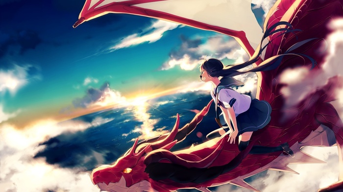 flying, anime girls, school uniform, clouds, original characters, dragon, sky