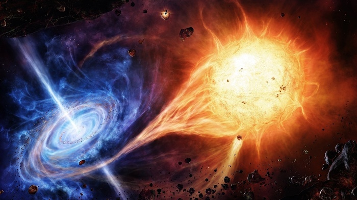 quasars, Sun, asteroid, space, stars, abstract