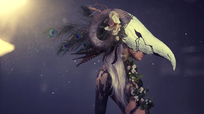 skull, girl, mask, ram, peacocks, flowers