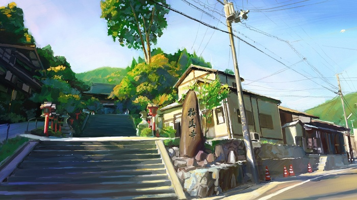 painting, trees, utility pole, power lines, artwork, Japan, stairs, traffic cone