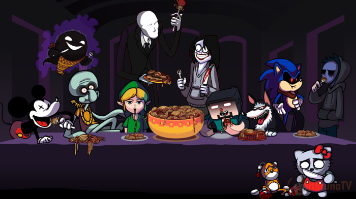 Minecraft, video game characters, Mickey Mouse, parody, Ghast, the last supper, Pokemon, Hello Kitty, link, Sonic the Hedgehog, Halloween, Steve, Slender Man, spaghetti
