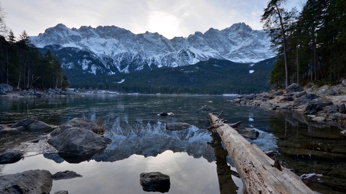 lake, mountain, nature, reflection, stones