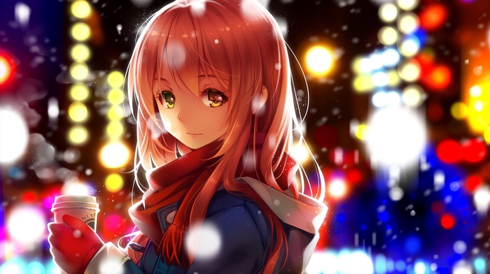 original characters, lights, anime, anime girls, manga, winter, snow, coffee