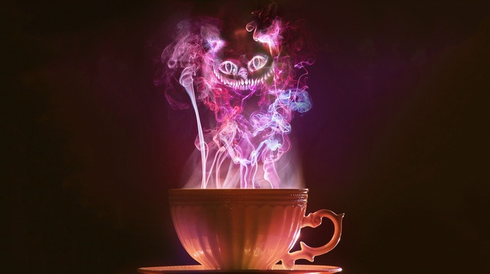 Alice in Wonderland, smoke, Cheshire Cat, cup, tea