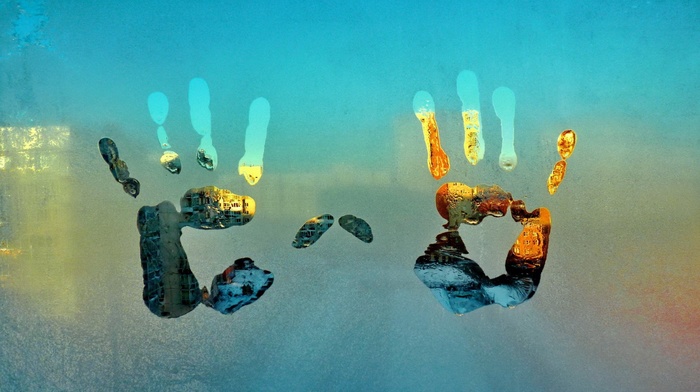 hand, handprints, water on glass, glass, frost