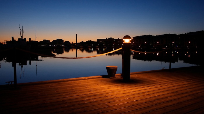 Finland, silhouette, wood, sunset, pier, lights