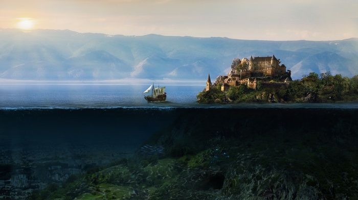 sunken cities, split view, sailing ship, fantasy art, underwater