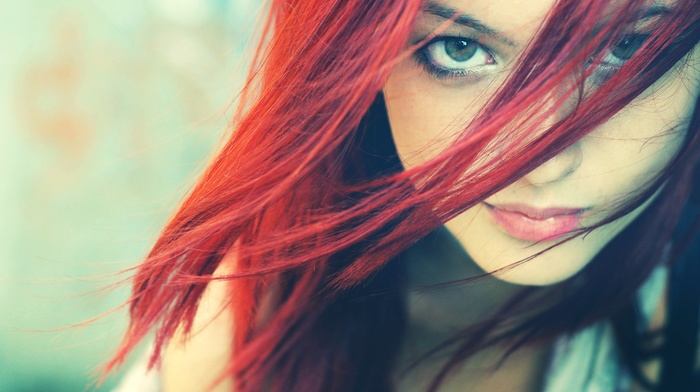 girl, looking at viewer, hair in face, green eyes, dyed hair, redhead
