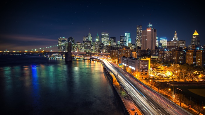 city, water, lights