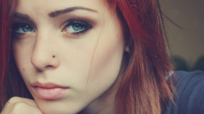 freckles, face, redhead, piercing, girl, blue eyes
