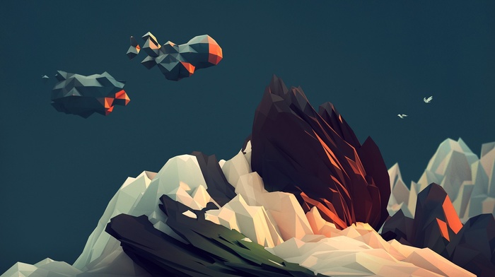 mountain, clouds, abstract, low poly, teal