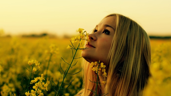 flowers, girl outdoors, Rapeseed, looking up, yellow flowers, blonde