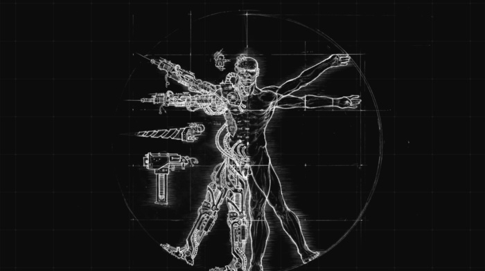 diagrams, artwork, Vitruvian Man, tools, cyborg
