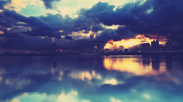 reflection, water, sunset, cityscape, clouds, overcast