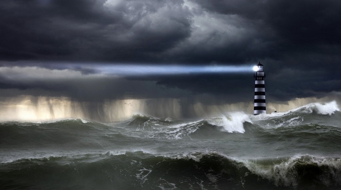 wave, wind, light, ocean, lighthouse, stunner, rain, cloudy, storm, element, sea