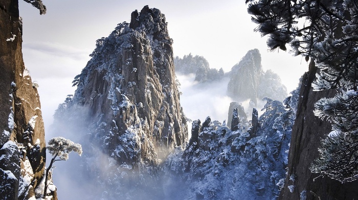sky, nature, trees, rocks, beauty, China, winter, snow, mountain