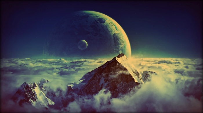 planet, mountain, moon, clouds
