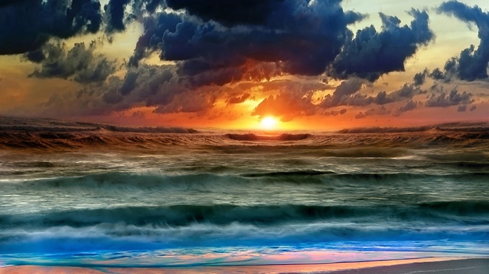 sea, waves, water, clouds, sunset, beach