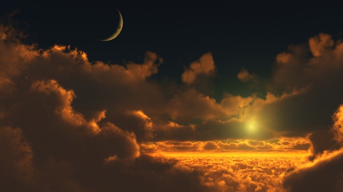 sunset, clouds, moon