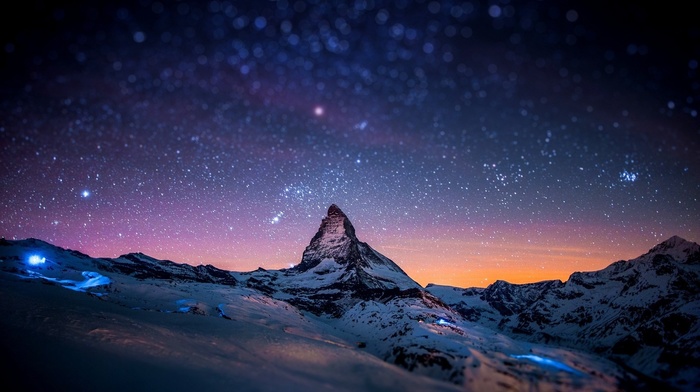 snow, mountain, stars, night, sunset