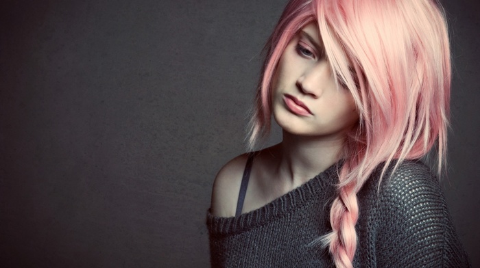 model, pink hair, pink eyes, girl, sad